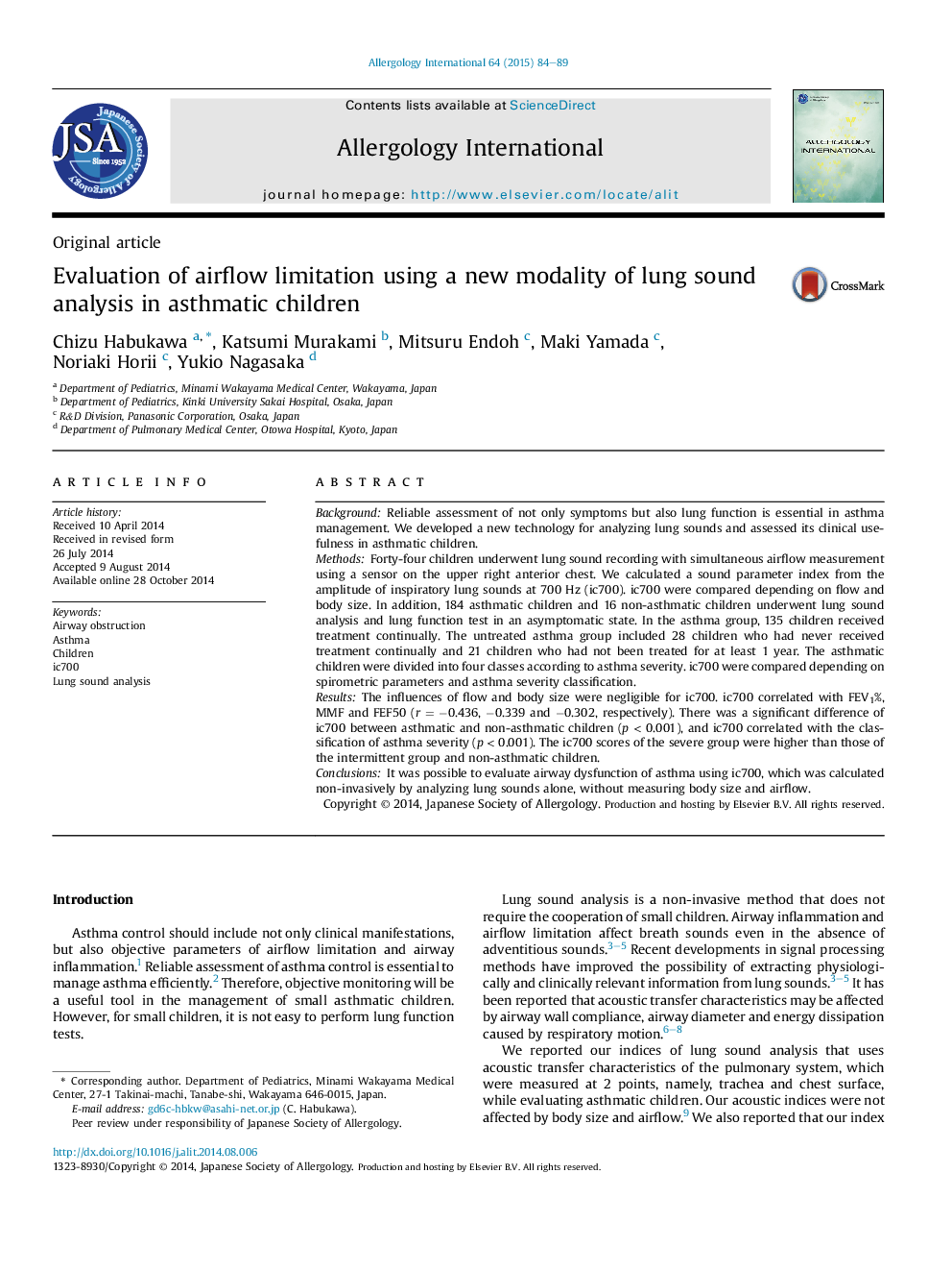 Evaluation of airflow limitation using a new modality of lung sound analysis in asthmatic children 