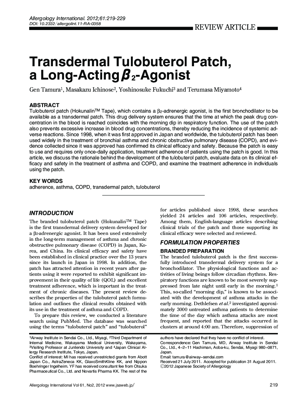 Transdermal Tulobuterol Patch, a Long-Acting β2-Agonist