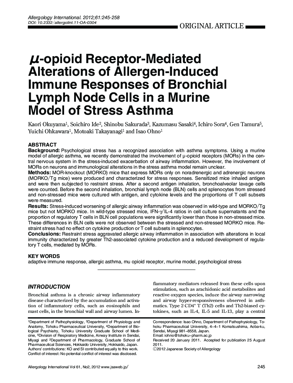 μ-opioid Receptor-Mediated Alterations of Allergen-Induced Immune Responses of Bronchial Lymph Node Cells in a Murine Model of Stress Asthma 