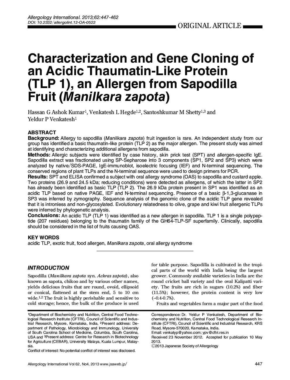 Characterization and Gene Cloning of an Acidic Thaumatin-Like Protein (TLP 1), an Allergen from Sapodilla Fruit (Manilkara zapota)