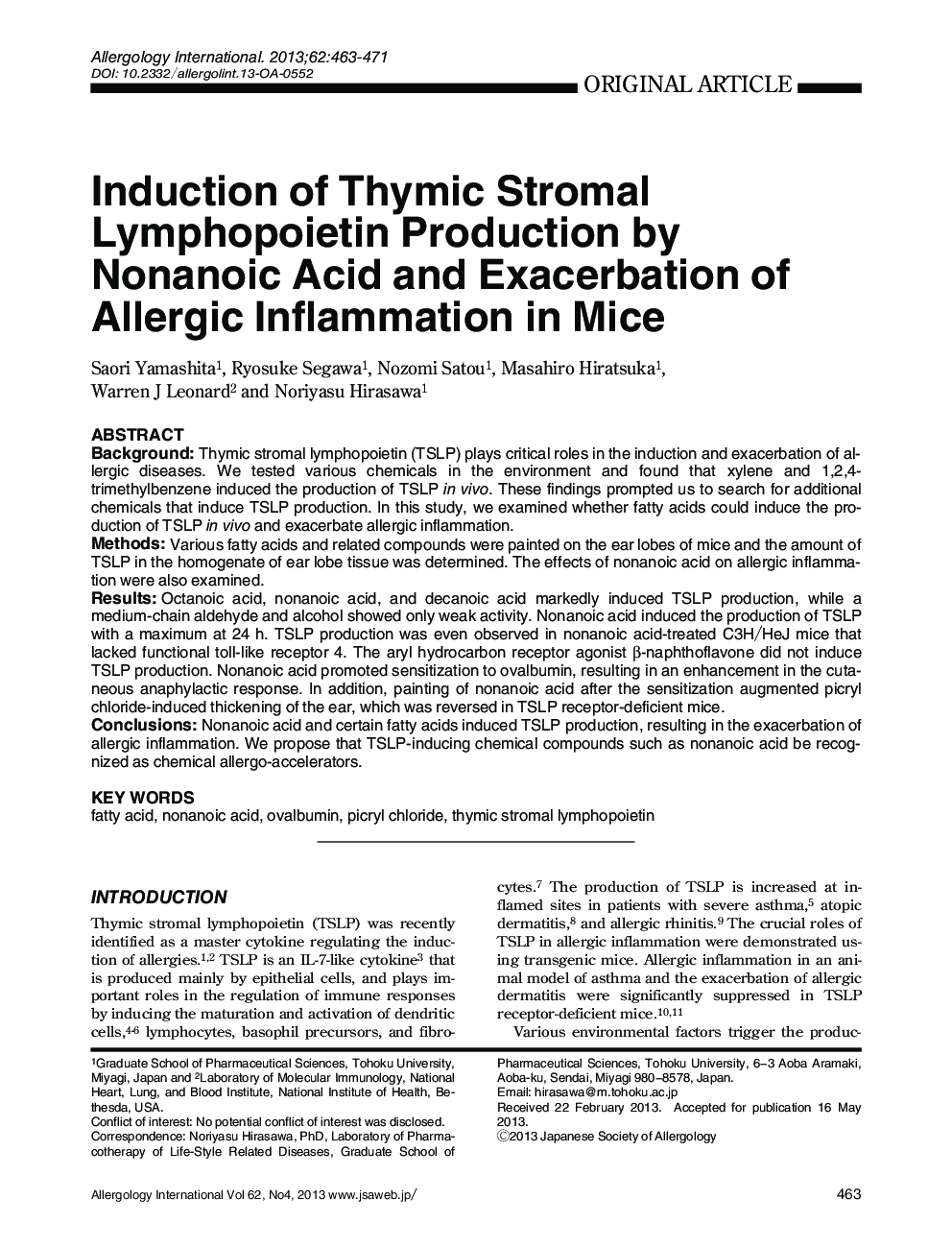 Induction of Thymic Stromal Lymphopoietin Production by Nonanoic Acid and Exacerbation of Allergic Inflammation in Mice