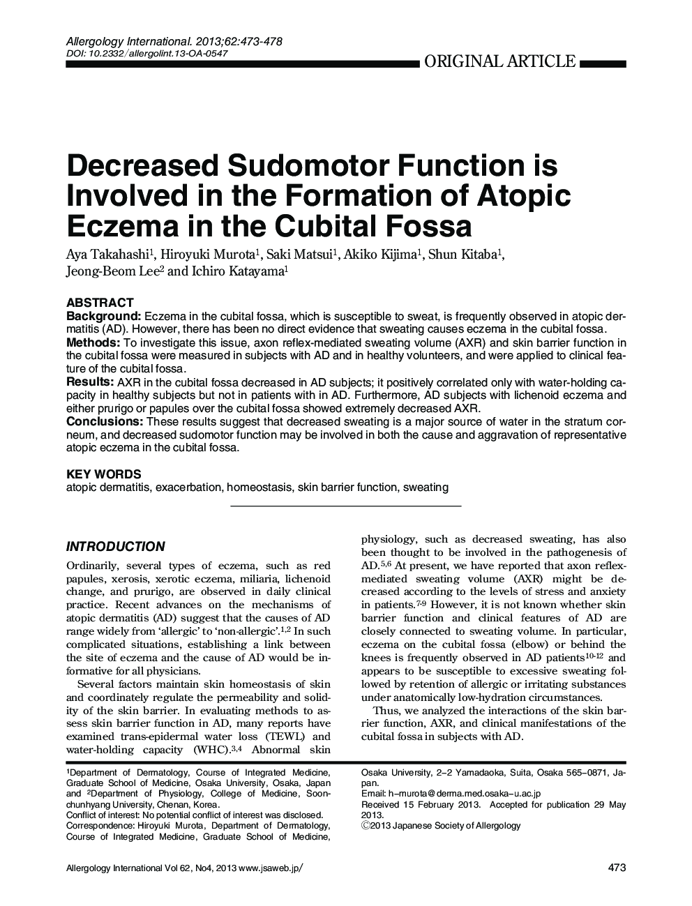 Decreased Sudomotor Function is Involved in the Formation of Atopic Eczema in the Cubital Fossa