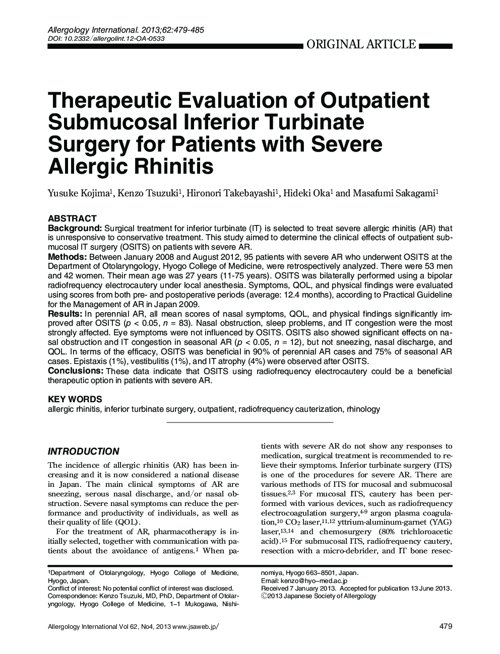 Therapeutic Evaluation of Outpatient Submucosal Inferior Turbinate Surgery for Patients with Severe Allergic Rhinitis