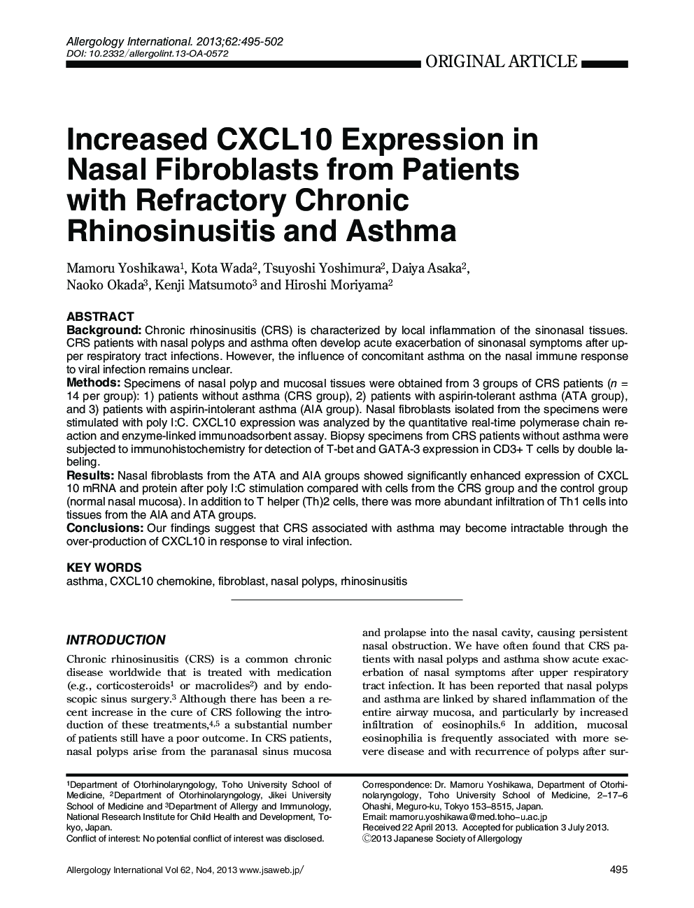 Increased CXCL10 Expression in Nasal Fibroblasts from Patients with Refractory Chronic Rhinosinusitis and Asthma