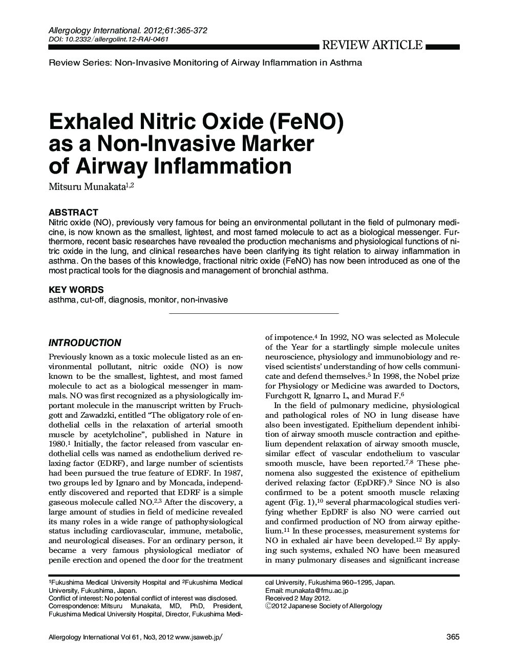 عکس صفحه اول مقاله: Exhaled Nitric Oxide (FeNO) as a Non-Invasive Marker of Airway Inflammation Exhaled Nitric Oxide (FeNO) as a Non-Invasive Marker of Airway Inflammation