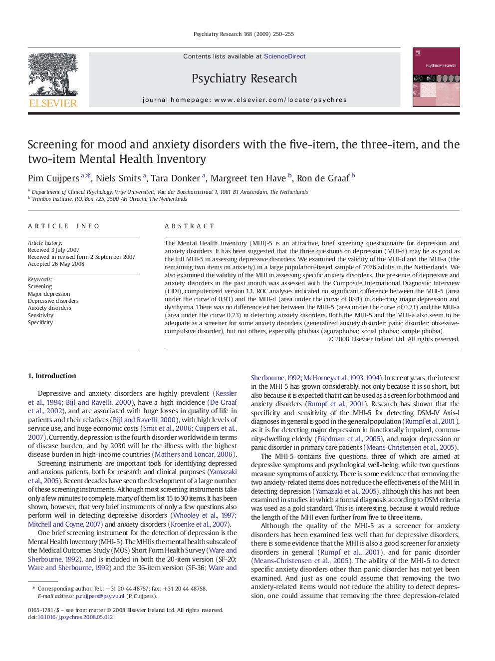 Screening for mood and anxiety disorders with the five-item, the three-item, and the two-item Mental Health Inventory