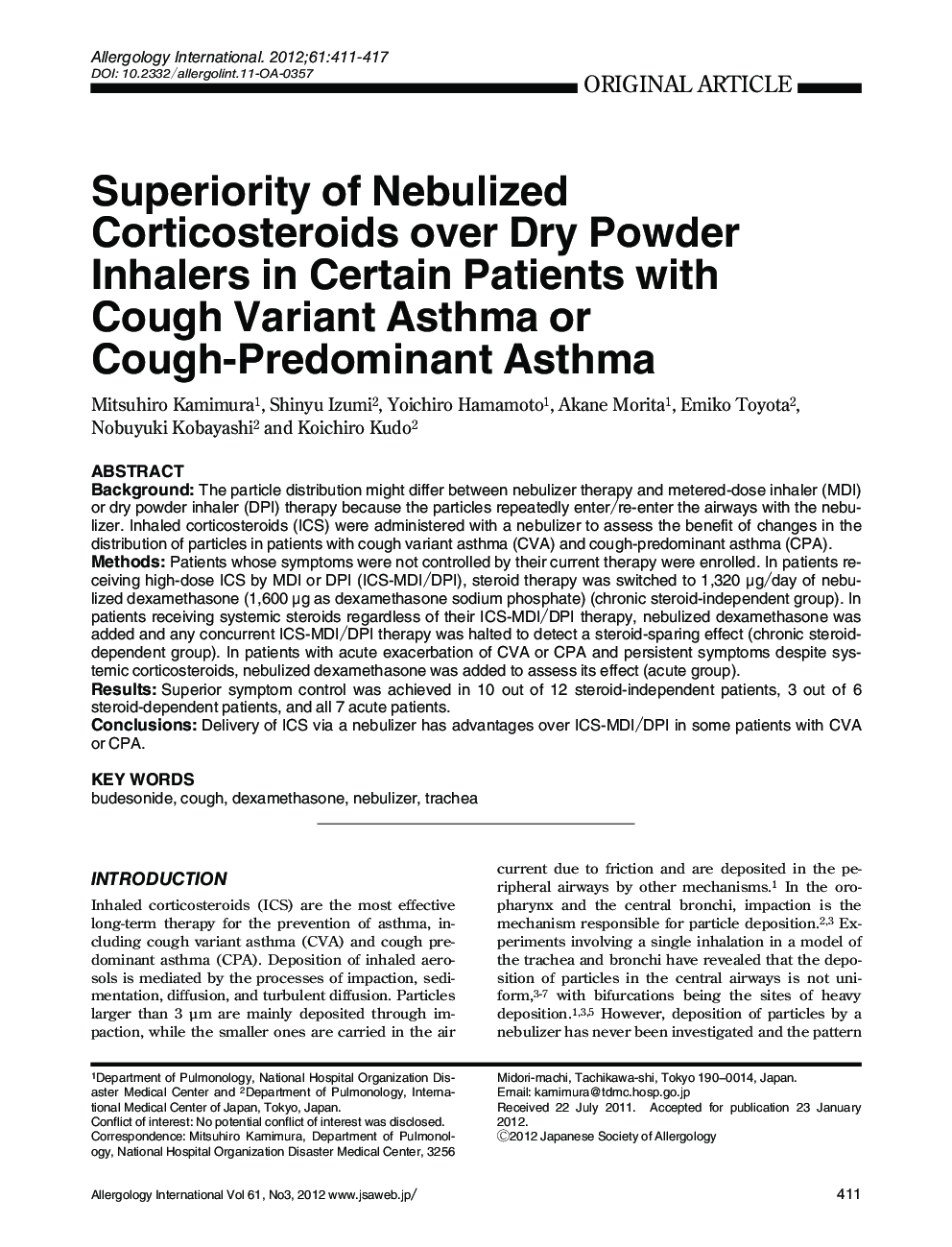 Superiority of Nebulized Corticosteroids over Dry Powder Inhalers in Certain Patients with Cough Variant Asthma or Cough-Predominant Asthma