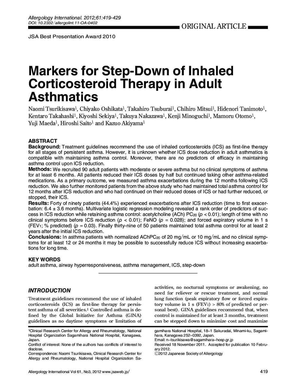 عکس صفحه اول مقاله: Markers for Step-Down of Inhaled Corticosteroid Therapy in Adult Asthmatics * Markers for Step-Down of Inhaled Corticosteroid Therapy in Adult Asthmatics *