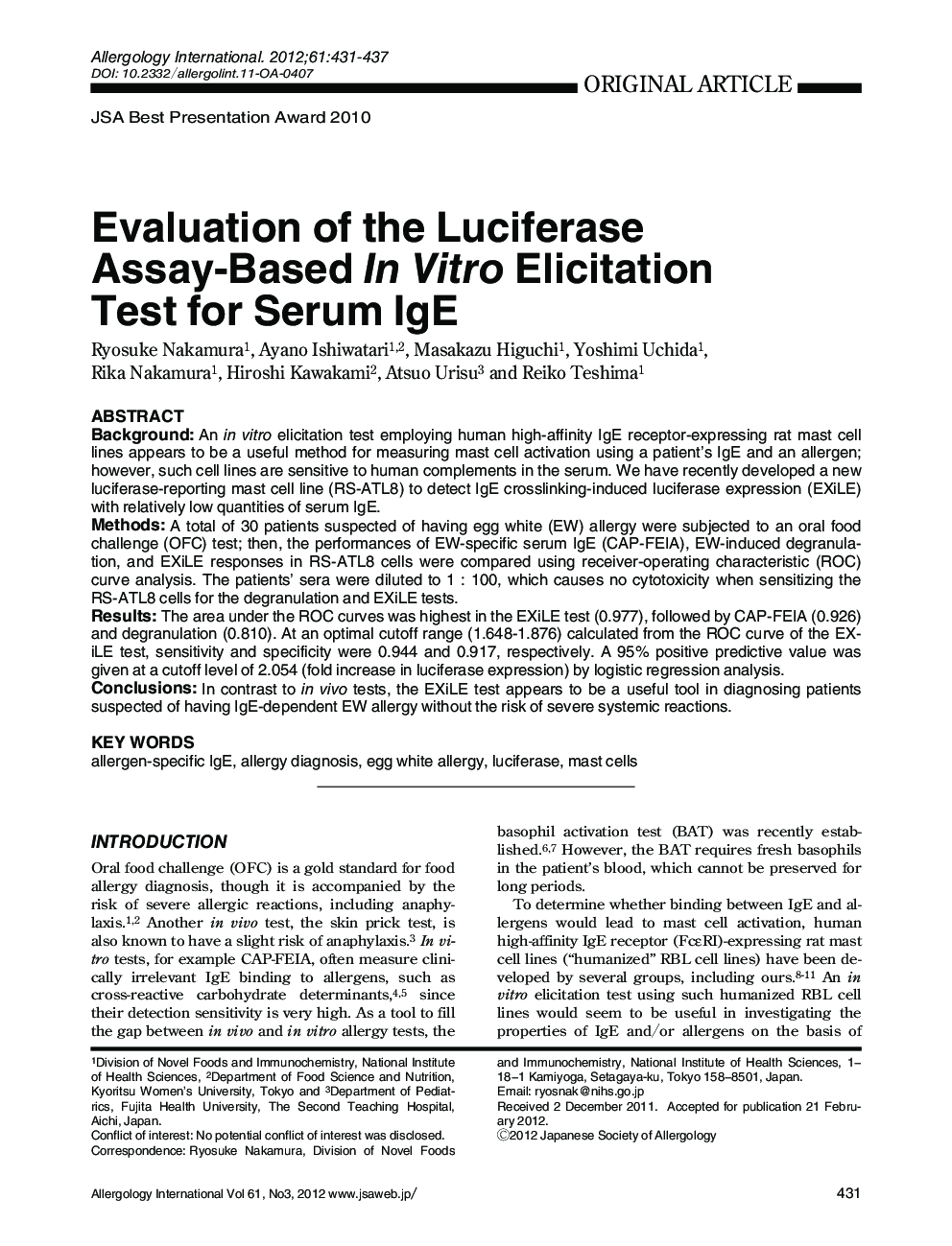 Evaluation of the Luciferase Assay-Based In Vitro Elicitation Test for Serum IgE *