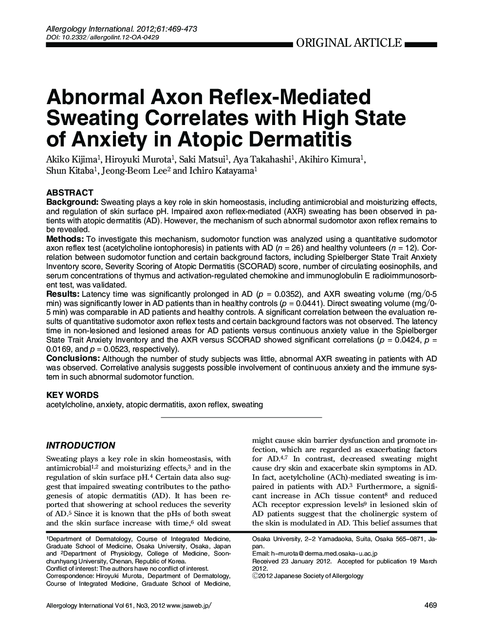 Abnormal Axon Reflex-Mediated Sweating Correlates with High State of Anxiety in Atopic Dermatitis
