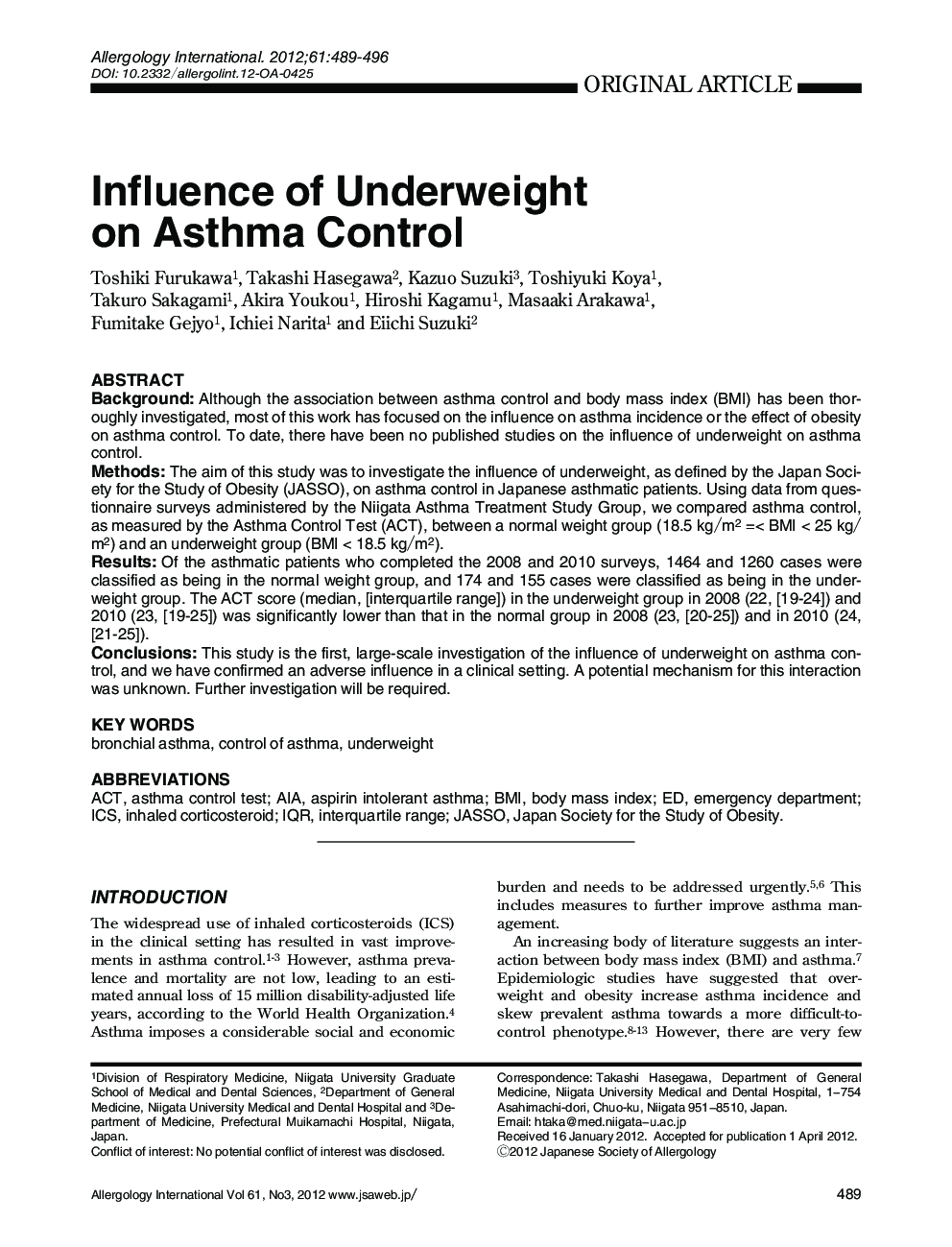 Influence of Underweight on Asthma Control