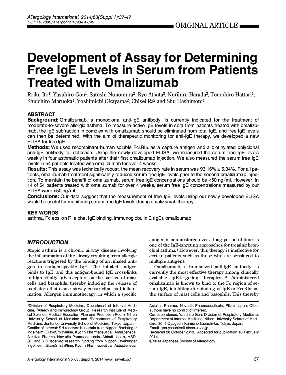 Development of Assay for Determining Free IgE Levels in Serum from Patients Treated with Omalizumab