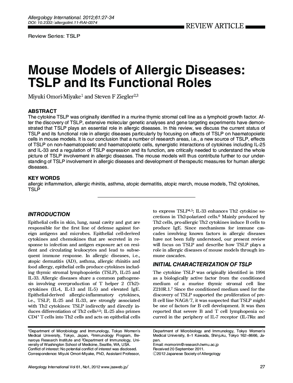 Mouse Models of Allergic Diseases: TSLP and Its Functional Roles 