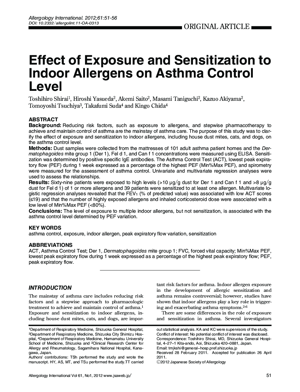 Effect of Exposure and Sensitization to Indoor Allergens on Asthma Control Level