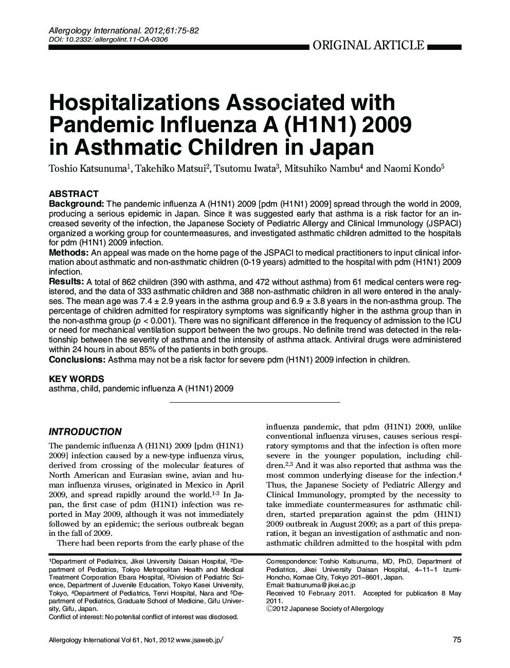 Hospitalizations Associated with Pandemic Influenza A (H1N1) 2009 in Asthmatic Children in Japan