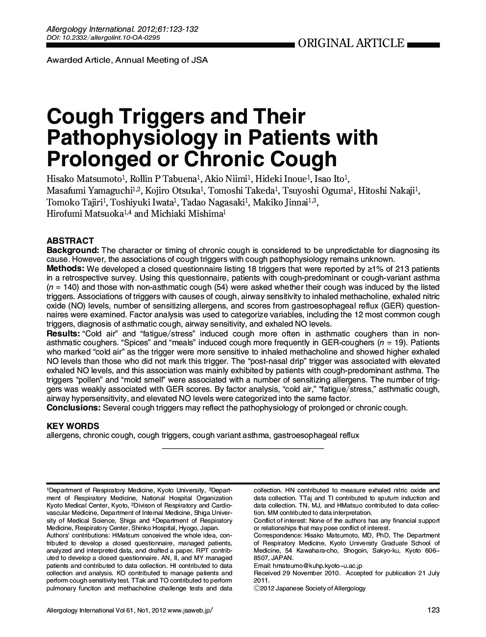 Cough Triggers and Their Pathophysiology in Patients with Prolonged or Chronic Cough 