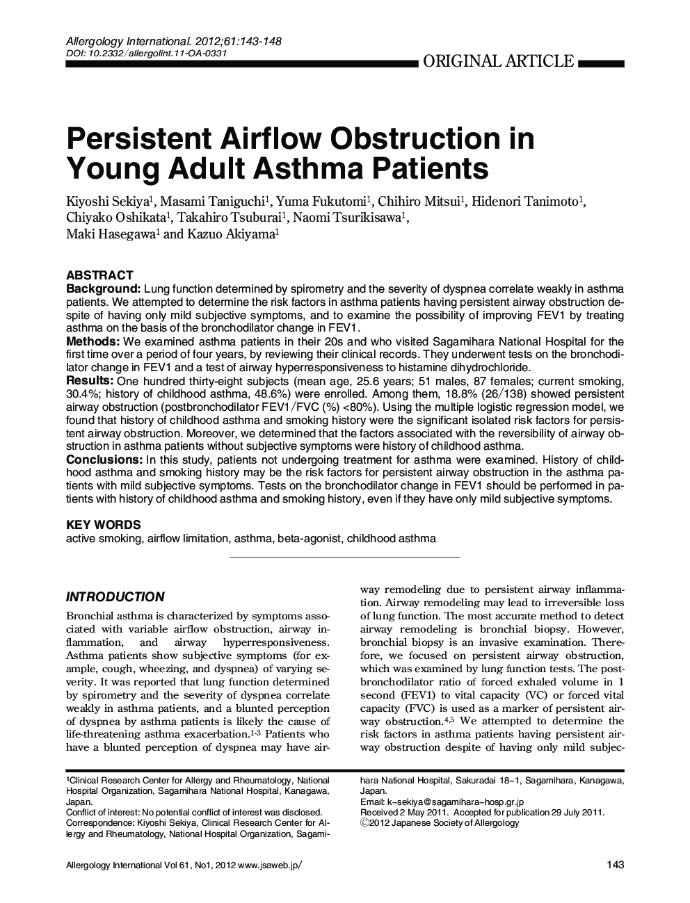 Persistent Airflow Obstruction in Young Adult Asthma Patients