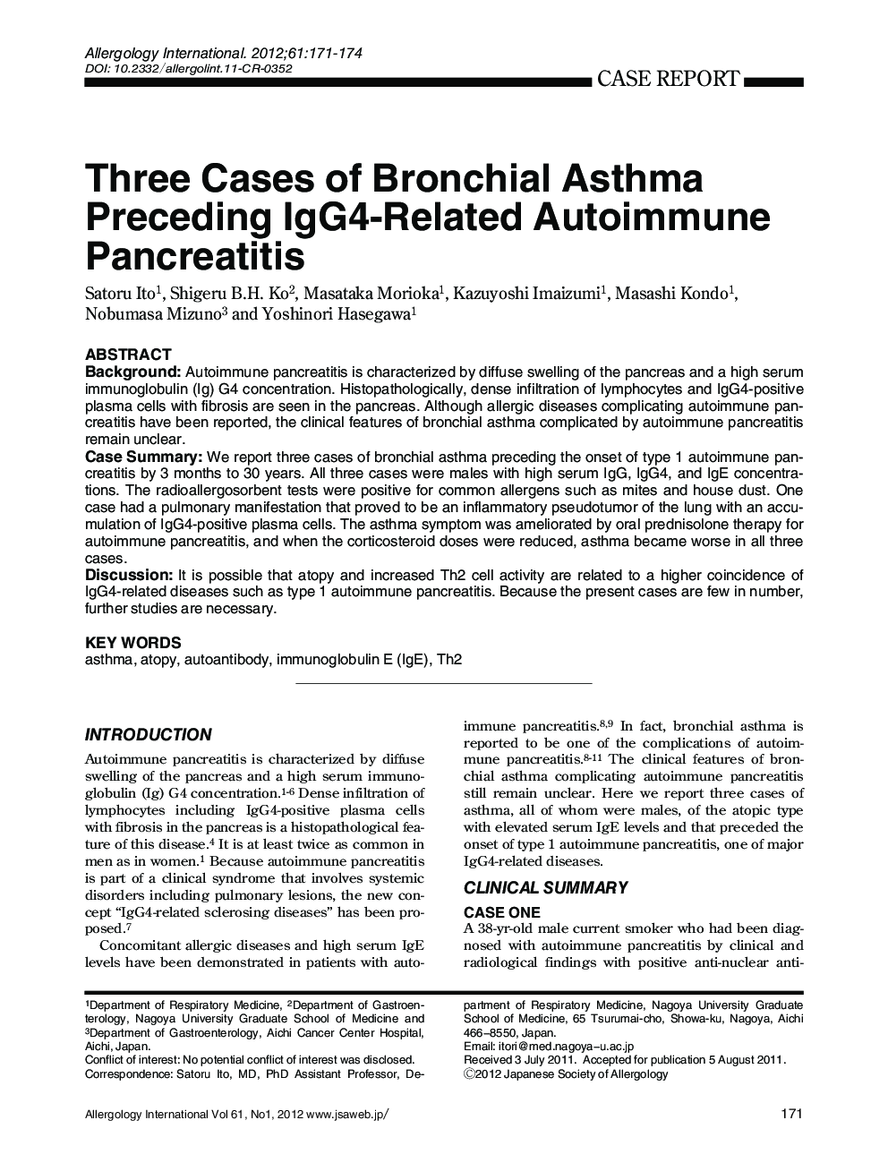 Three Cases of Bronchial Asthma Preceding IgG4-Related Autoimmune Pancreatitis