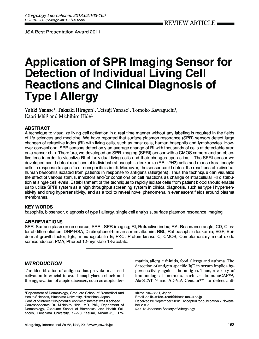 Application of SPR Imaging Sensor for Detection of Individual Living Cell Reactions and Clinical Diagnosis of Type I Allergy