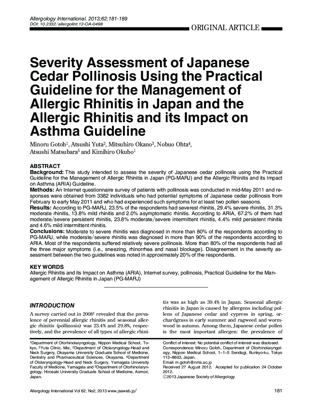 Severity Assessment of Japanese Cedar Pollinosis Using the Practical Guideline for the Management of Allergic Rhinitis in Japan and the Allergic Rhinitis and its Impact on Asthma Guideline