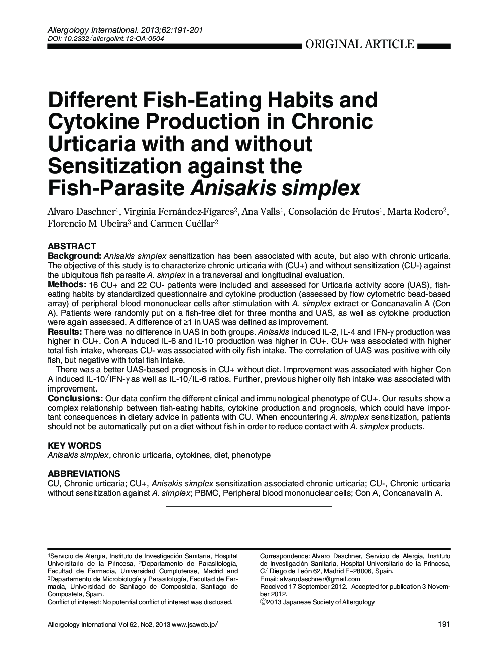 Different Fish-Eating Habits and Cytokine Production in Chronic Urticaria with and without Sensitization against the Fish-Parasite Anisakis simplex