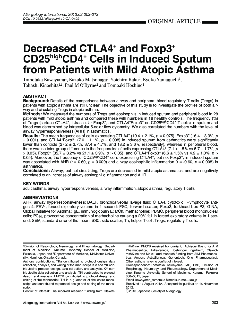 Decreased CTLA4+ and Foxp3+ CD25highCD4+ Cells in Induced Sputum from Patients with Mild Atopic Asthma