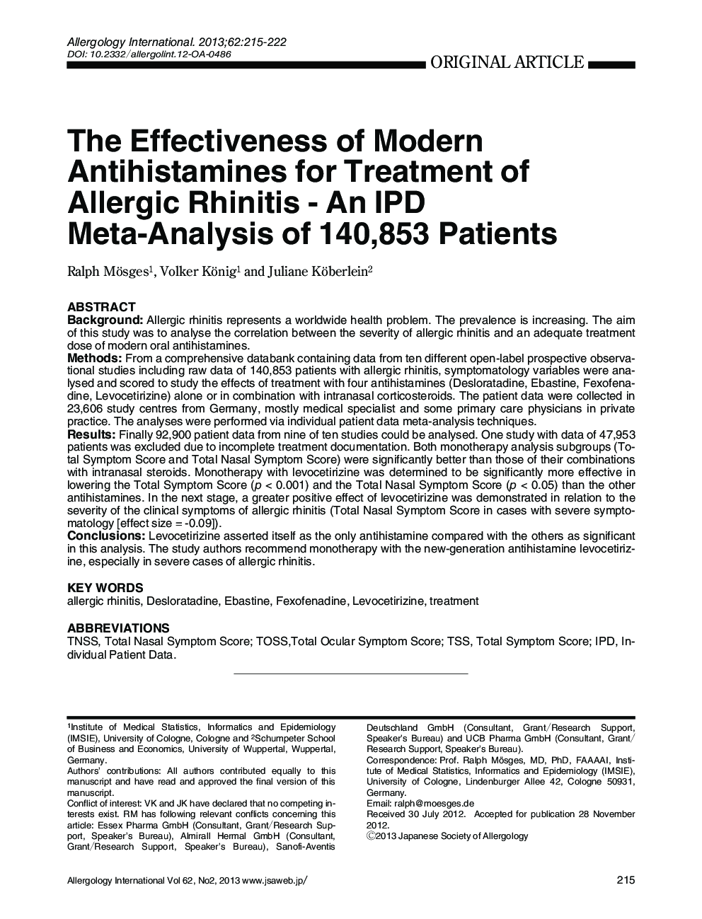 The Effectiveness of Modern Antihistamines for Treatment of Allergic Rhinitis - An IPD Meta-Analysis of 140,853 Patients