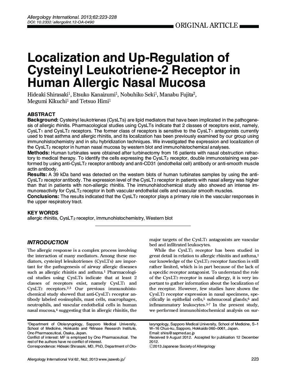 Localization and Up-Regulation of Cysteinyl Leukotriene-2 Receptor in Human Allergic Nasal Mucosa