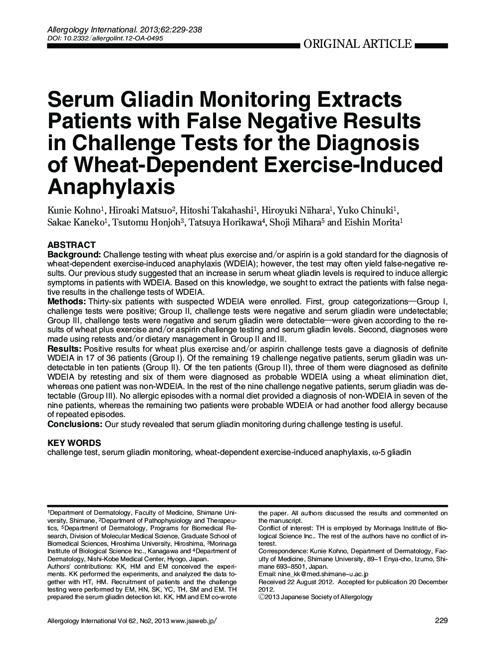 Serum Gliadin Monitoring Extracts Patients with False Negative Results in Challenge Tests for the Diagnosis of Wheat-Dependent Exercise-Induced Anaphylaxis *