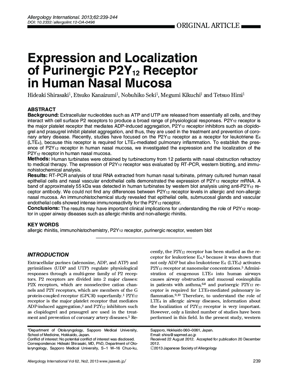 Expression and Localization of Purinergic P2Y12 Receptor in Human Nasal Mucosa