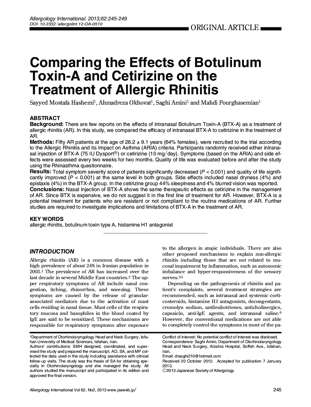 Comparing the Effects of Botulinum Toxin-A and Cetirizine on the Treatment of Allergic Rhinitis