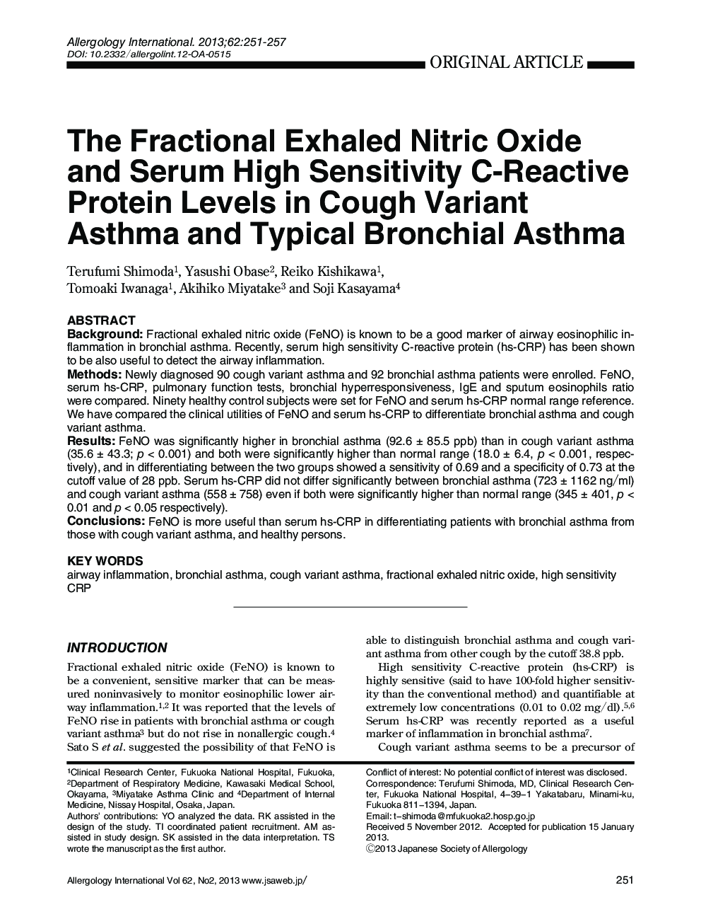 The Fractional Exhaled Nitric Oxide and Serum High Sensitivity C-Reactive Protein Levels in Cough Variant Asthma and Typical Bronchial Asthma