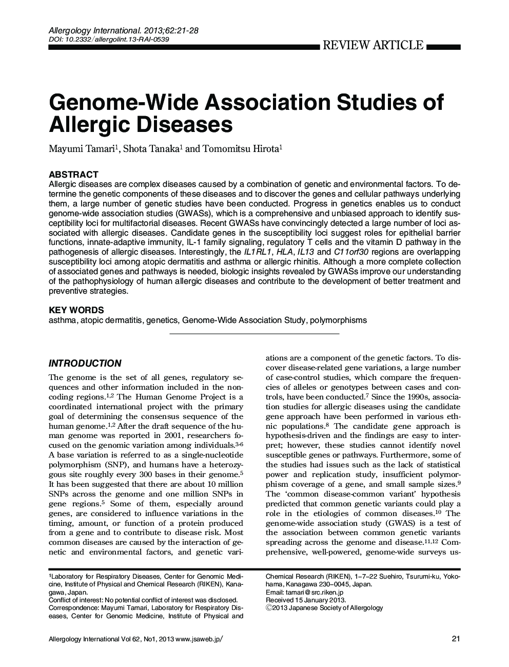 Genome-Wide Association Studies of Allergic Diseases 