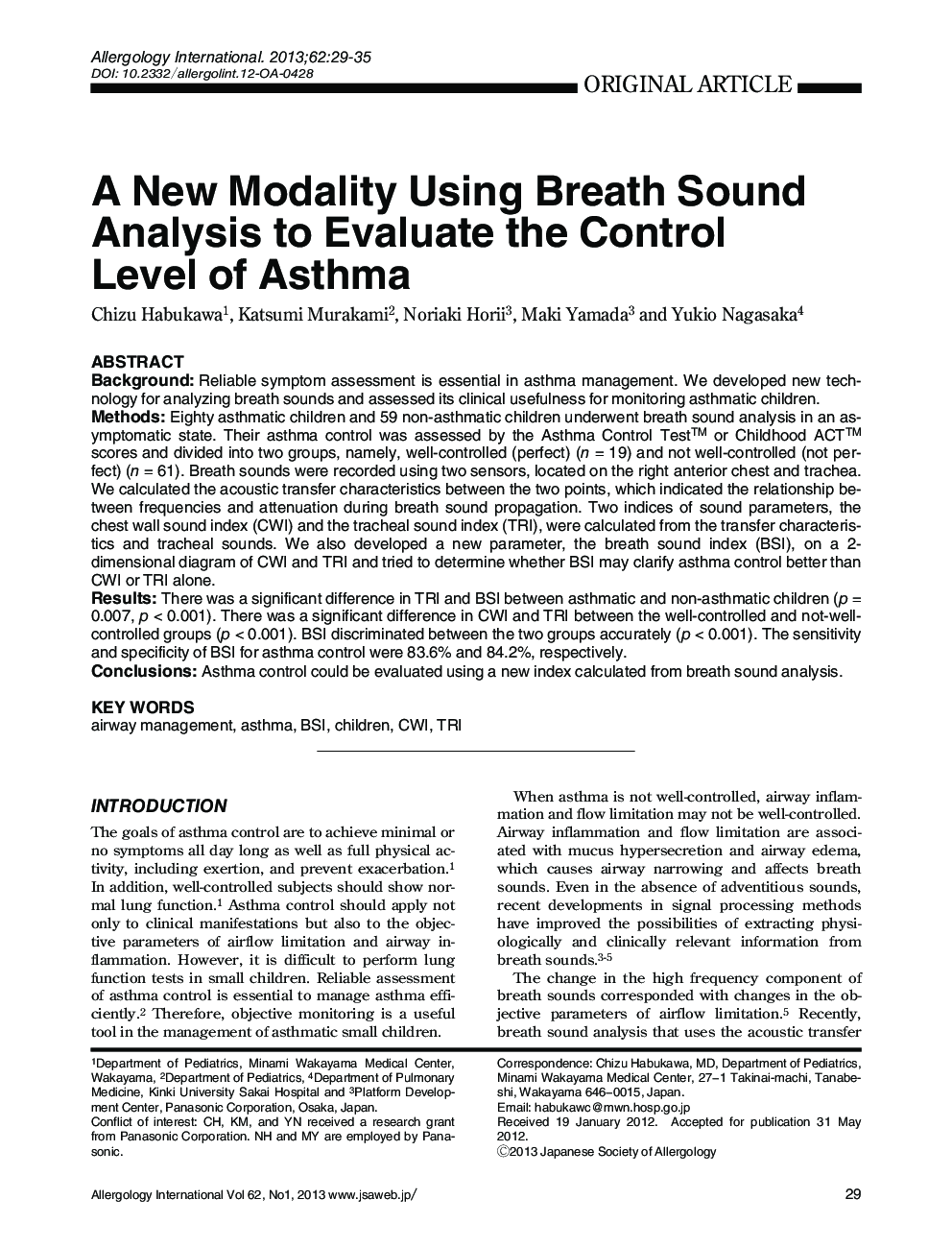 A New Modality Using Breath Sound Analysis to Evaluate the Control Level of Asthma 