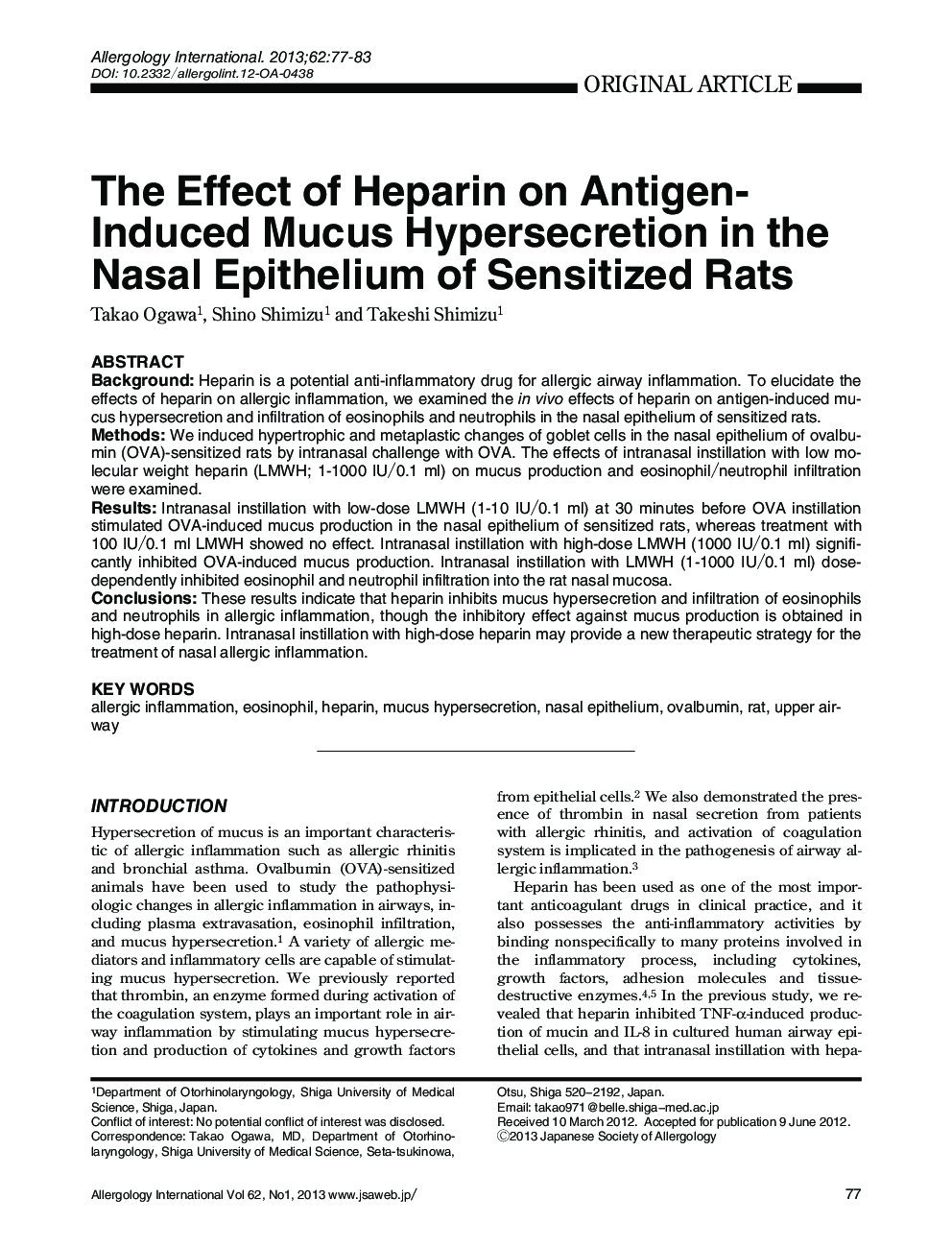 The Effect of Heparin on Antigen-Induced Mucus Hypersecretion in the Nasal Epithelium of Sensitized Rats 