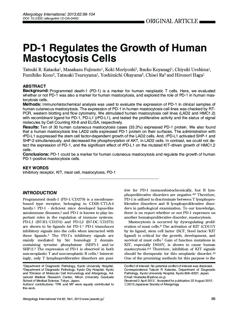 PD-1 Regulates the Growth of Human Mastocytosis Cells 