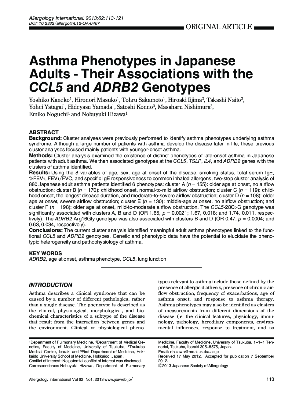 Asthma Phenotypes in Japanese Adults - Their Associations with the CCL5 ADRB2 Genotypes 