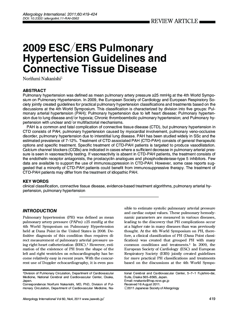 2009 ESC/ERS Pulmonary Hypertension Guidelines and Connective Tissue Disease