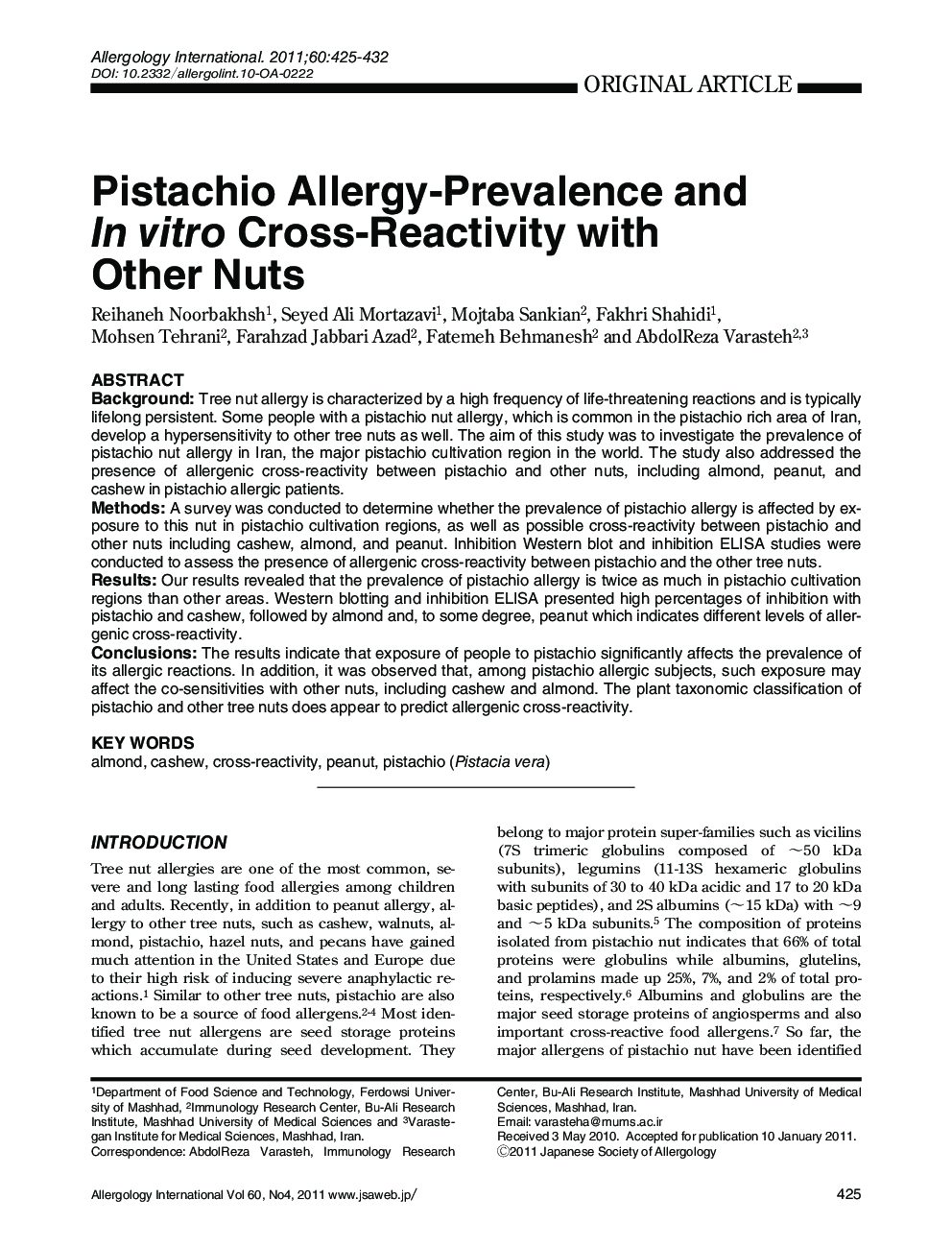 Pistachio Allergy-Prevalence and In vitro Cross-Reactivity with Other Nuts