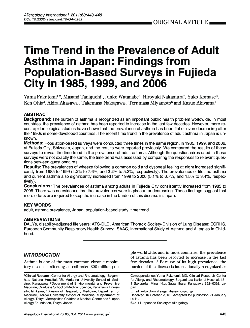 Time Trend in the Prevalence of Adult Asthma in Japan: Findings from Population-Based Surveys in Fujieda City in 1985,1999, and 2006