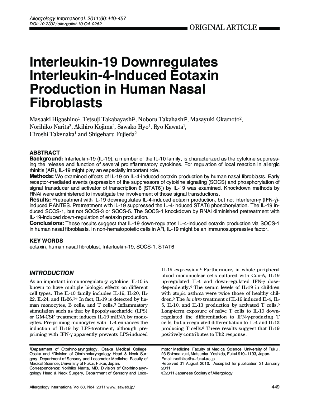 Interleukin-19 Downregulates Interleukin-4-Induced Eotaxin Production in Human Nasal Fibroblasts