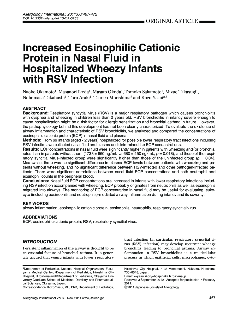 Increased Eosinophilic Cationic Protein in Nasal Fluid in Hospitalized Wheezy Infants with RSV Infection