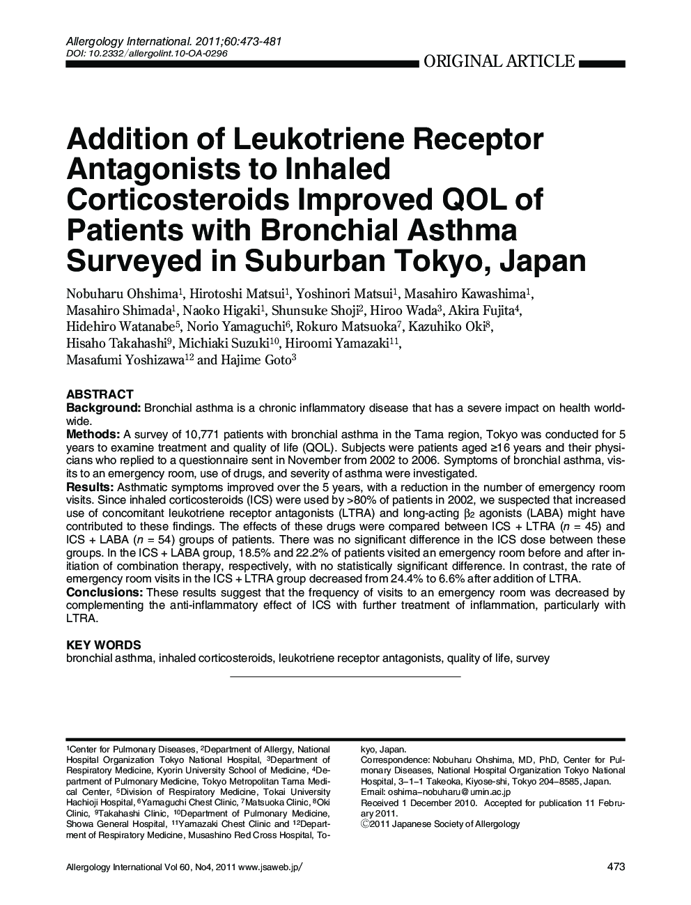 Addition of Leukotriene Receptor Antagonists to Inhaled Corticosteroids Improved QOL of Patients with Bronchial Asthma Surveyed in Suburban Tokyo, Japan