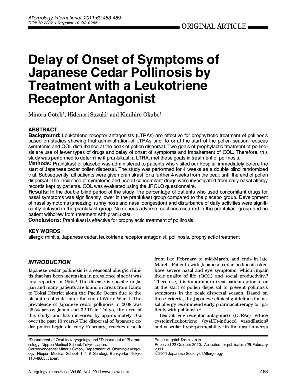 Delay of Onset of Symptoms of Japanese Cedar Pollinosis by Treatment with a Leukotriene Receptor Antagonist