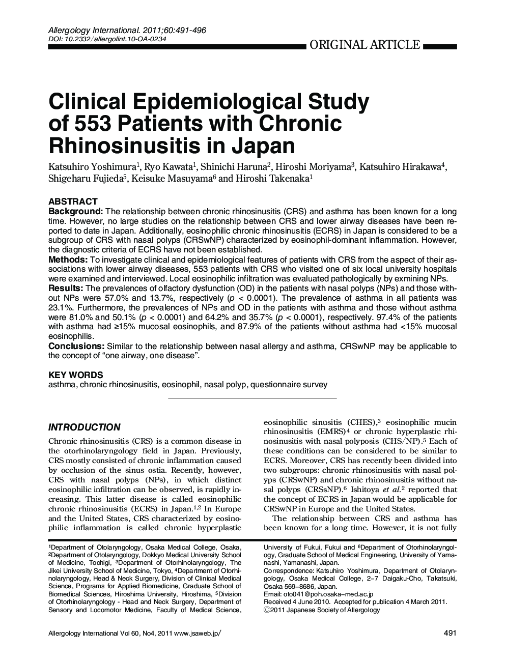 Clinical Epidemiological Study of 553 Patients with Chronic Rhinosinusitis in Japan