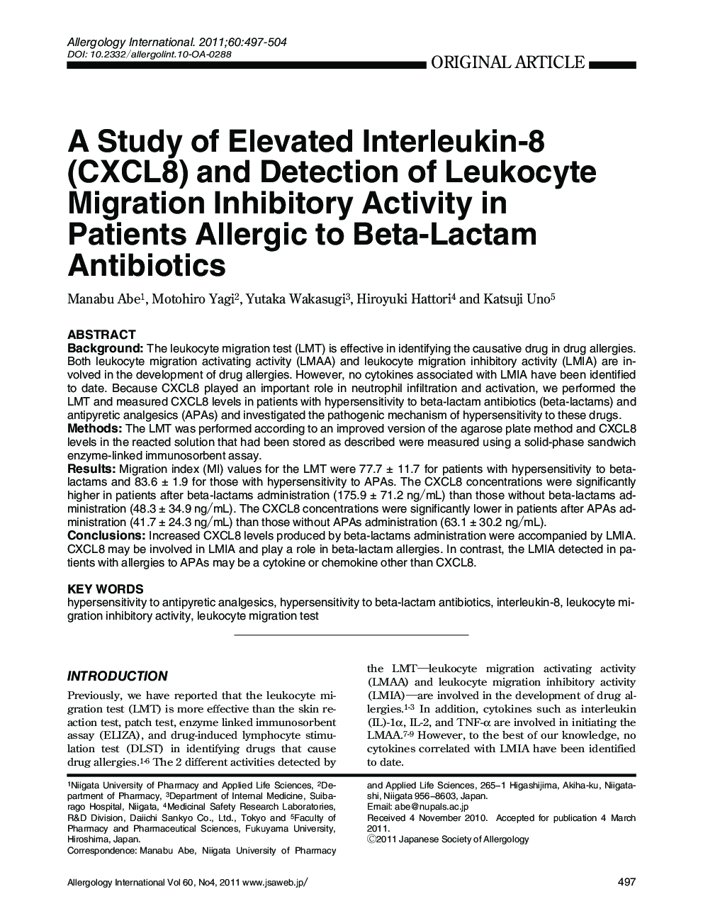 A Study of Elevated Interleukin-8 (CXCL8) Detection of Leukocyte Migration Inhibitory Activity in Patients Allergic to Beta-Lactam Antibiotics