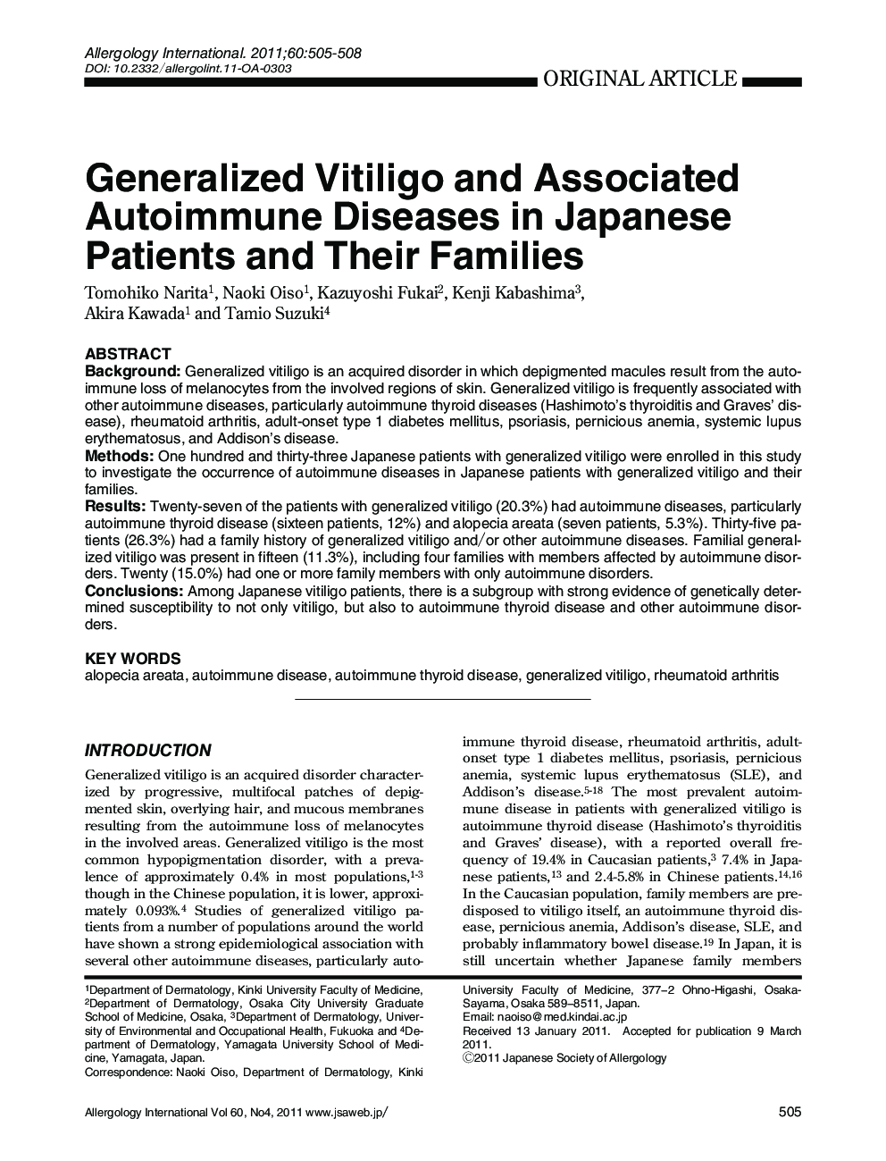 Generalized Vitiligo Associated Autoimmune Diseases in Japanese Patients Their Families