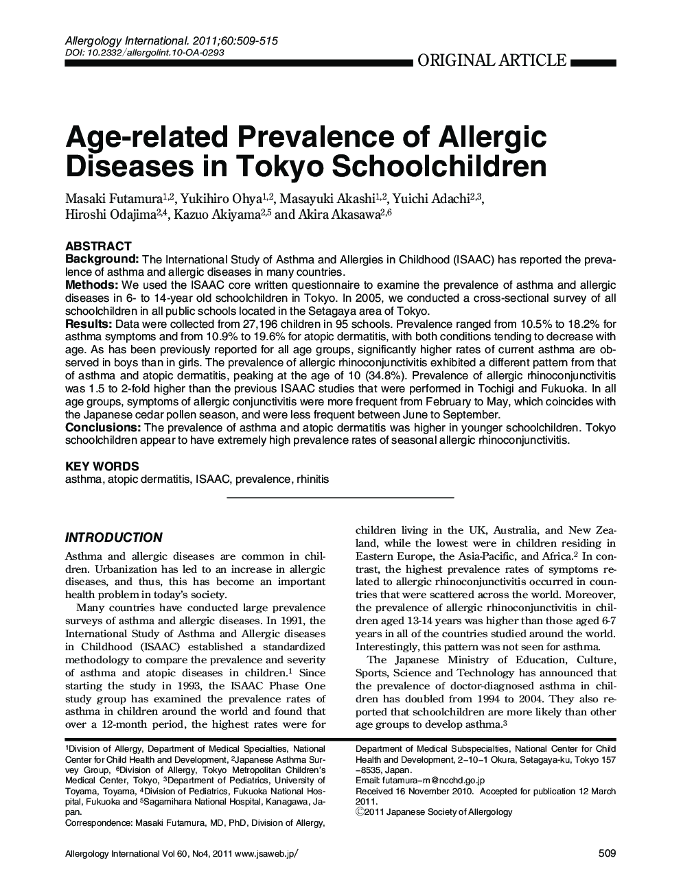 Age-related Prevalence of Allergic Diseases in Tokyo Schoolchildren