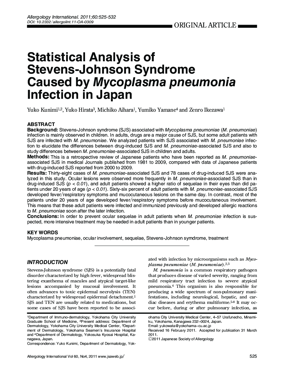 Statistical Analysis of Stevens-Johnson Syndrome Caused by Mycoplasma pneumonia Infection in Japan