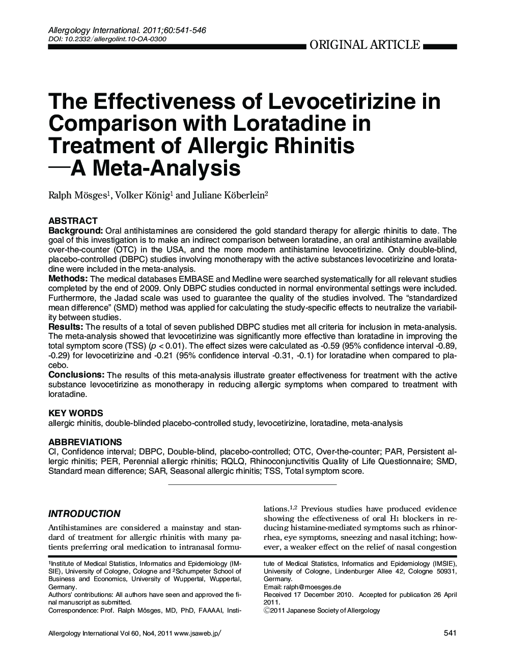 The Effectiveness of Levocetirizine in Comparison with Loratadine in Treatment of Allergic Rhinitis —A Meta-Analysis